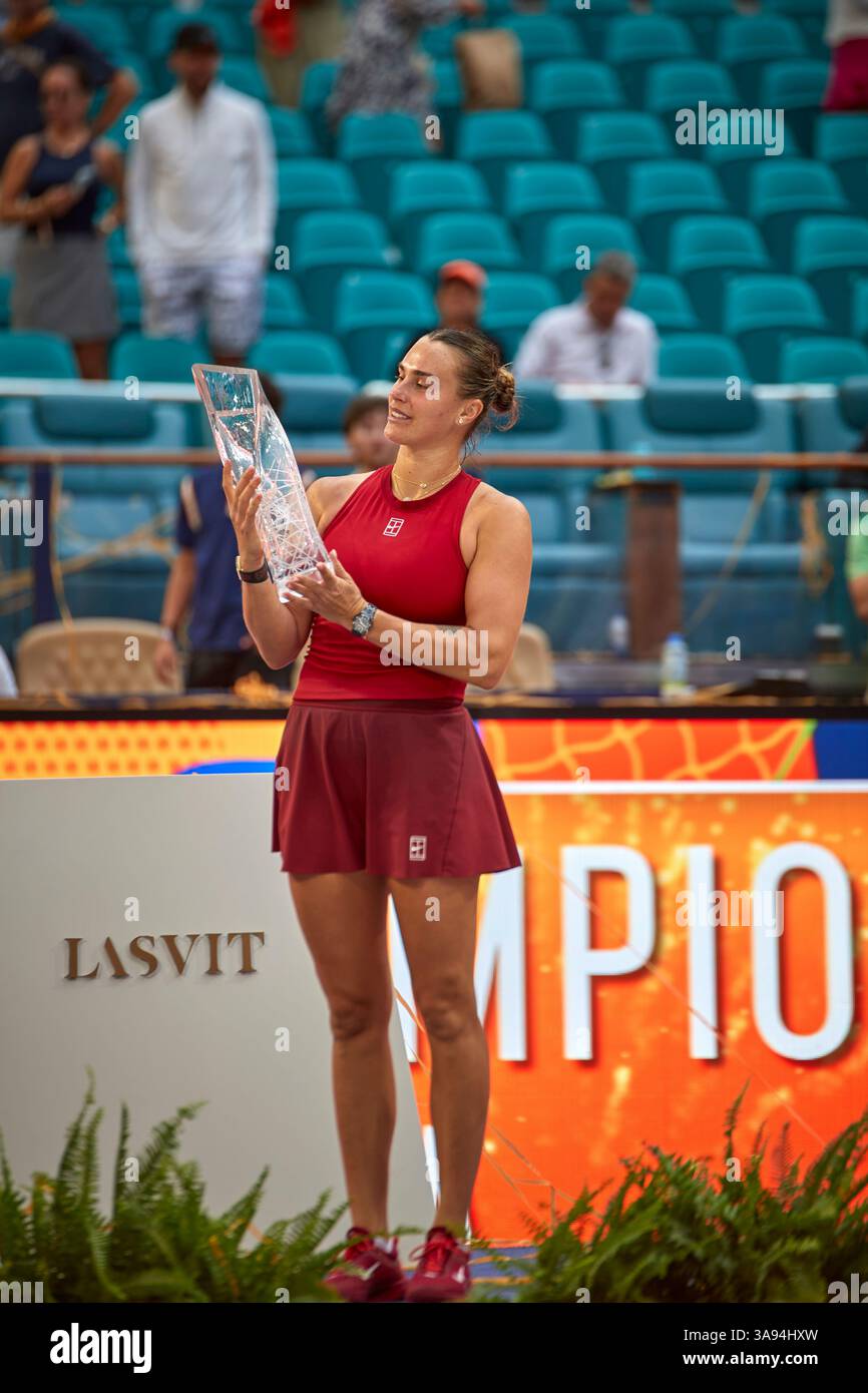 Miami Gardens, Florida, Stati Uniti. 29 marzo 2025. Arina Sabalenka vs Jessica Pegula (USA) durante la Women's Singles - Final al Miami Open 2025. VINCITORE: Arina Sabalenka. Crediti: Yaroslav Sabitov/YES Market Media/Alamy Live News. Foto Stock