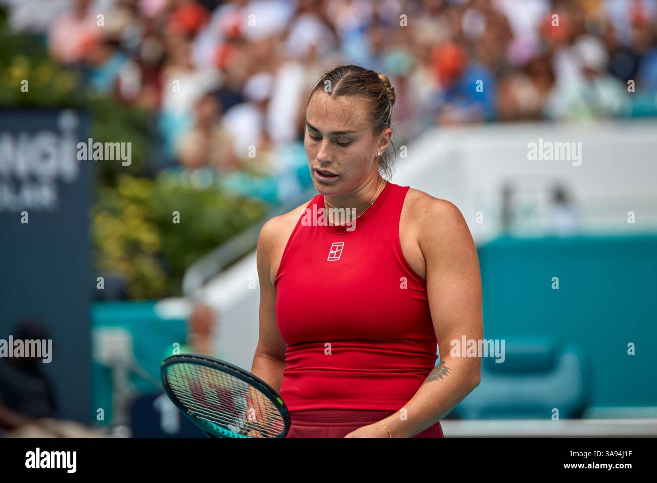 Miami Gardens, Florida, Stati Uniti. 29 marzo 2025. Arina Sabalenka vs Jessica Pegula (USA) durante la Women's Singles - Final al Miami Open 2025. VINCITORE: Arina Sabalenka. Crediti: Yaroslav Sabitov/YES Market Media/Alamy Live News. Foto Stock