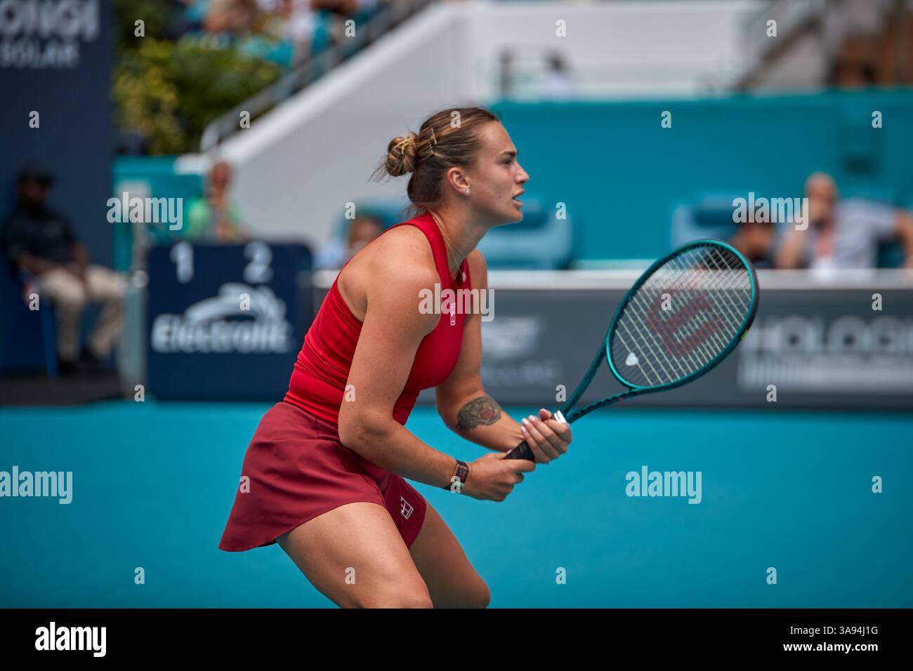 Miami Gardens, Florida, Stati Uniti. 29 marzo 2025. Arina Sabalenka vs Jessica Pegula (USA) durante la Women's Singles - Final al Miami Open 2025. VINCITORE: Arina Sabalenka. Crediti: Yaroslav Sabitov/YES Market Media/Alamy Live News. Foto Stock