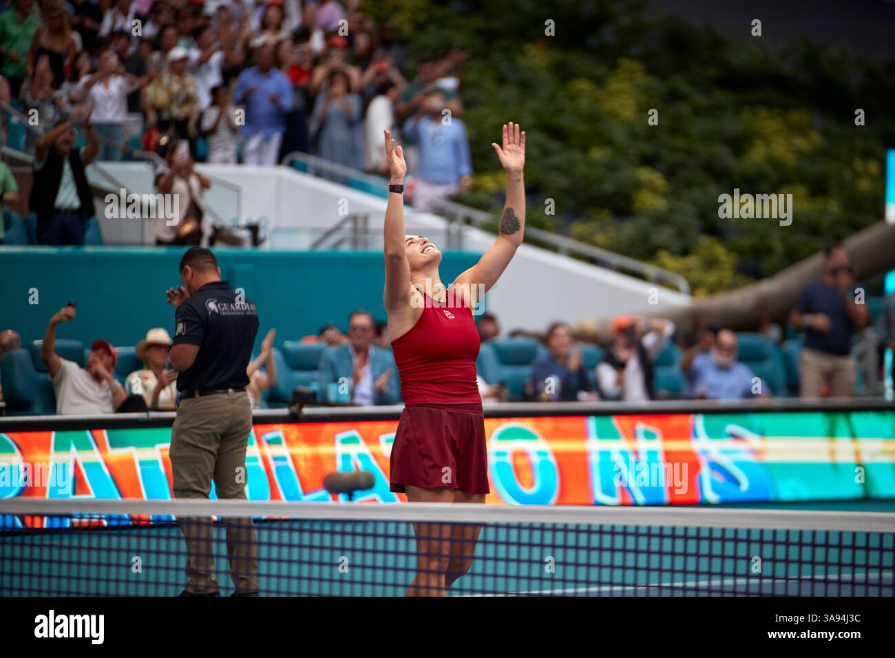 Miami Gardens, Florida, Stati Uniti. 29 marzo 2025. Arina Sabalenka vs Jessica Pegula (USA) durante la Women's Singles - Final al Miami Open 2025. VINCITORE: Arina Sabalenka. Crediti: Yaroslav Sabitov/YES Market Media/Alamy Live News. Foto Stock