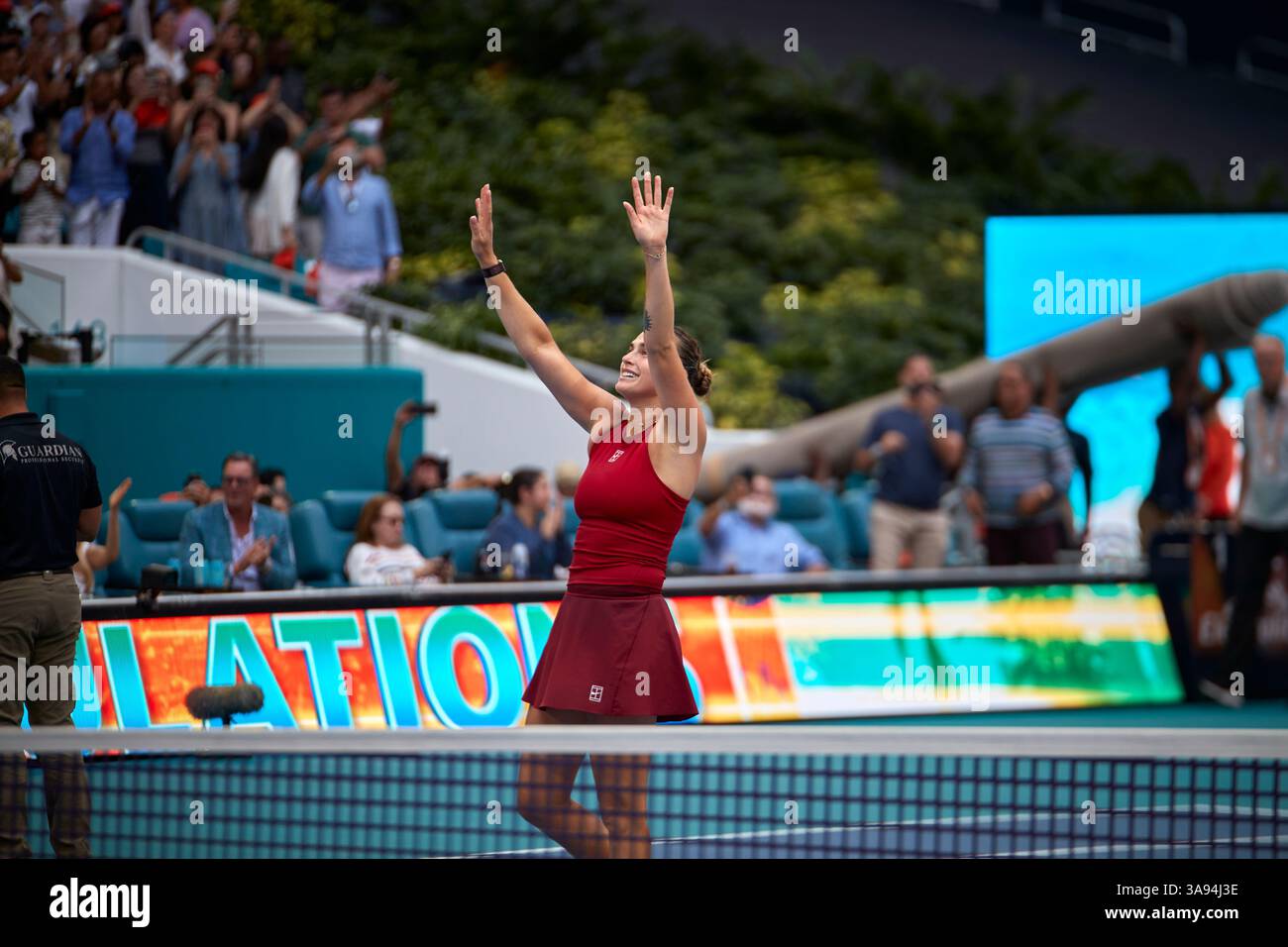 Miami Gardens, Florida, Stati Uniti. 29 marzo 2025. Arina Sabalenka vs Jessica Pegula (USA) durante la Women's Singles - Final al Miami Open 2025. VINCITORE: Arina Sabalenka. Crediti: Yaroslav Sabitov/YES Market Media/Alamy Live News. Foto Stock
