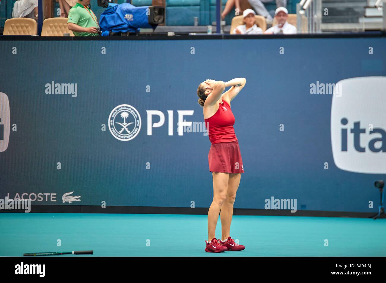 Miami Gardens, Florida, Stati Uniti. 29 marzo 2025. Arina Sabalenka vs Jessica Pegula (USA) durante la Women's Singles - Final al Miami Open 2025. VINCITORE: Arina Sabalenka. Crediti: Yaroslav Sabitov/YES Market Media/Alamy Live News. Foto Stock