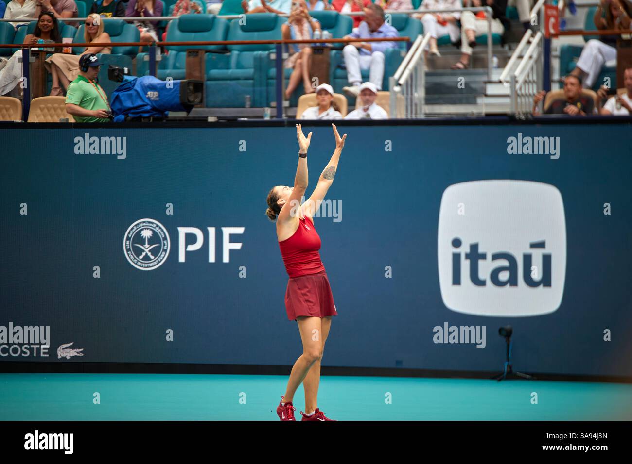 Miami Gardens, Florida, Stati Uniti. 29 marzo 2025. Arina Sabalenka vs Jessica Pegula (USA) durante la Women's Singles - Final al Miami Open 2025. VINCITORE: Arina Sabalenka. Crediti: Yaroslav Sabitov/YES Market Media/Alamy Live News. Foto Stock