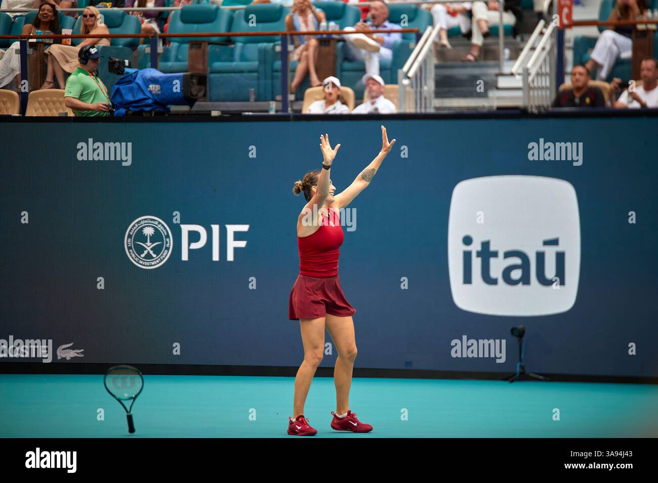 Miami Gardens, Florida, Stati Uniti. 29 marzo 2025. Arina Sabalenka vs Jessica Pegula (USA) durante la Women's Singles - Final al Miami Open 2025. VINCITORE: Arina Sabalenka. Crediti: Yaroslav Sabitov/YES Market Media/Alamy Live News. Foto Stock