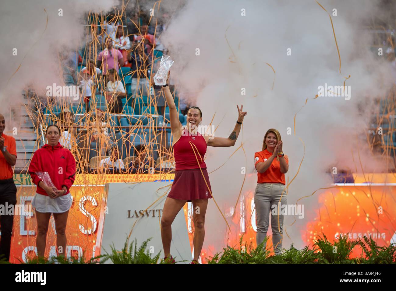 Miami Gardens, Florida, Stati Uniti. 29 marzo 2025. Arina Sabalenka vs Jessica Pegula (USA) durante la Women's Singles - Final al Miami Open 2025. VINCITORE: Arina Sabalenka. Crediti: Yaroslav Sabitov/YES Market Media/Alamy Live News. Foto Stock