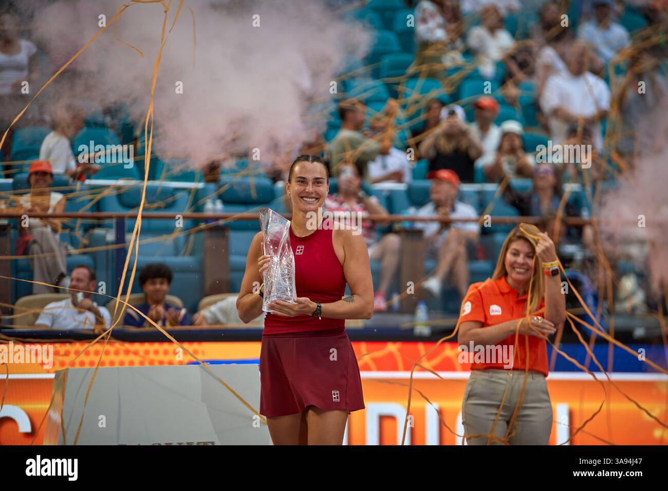 Miami Gardens, Florida, Stati Uniti. 29 marzo 2025. Arina Sabalenka vs Jessica Pegula (USA) durante la Women's Singles - Final al Miami Open 2025. VINCITORE: Arina Sabalenka. Crediti: Yaroslav Sabitov/YES Market Media/Alamy Live News. Foto Stock