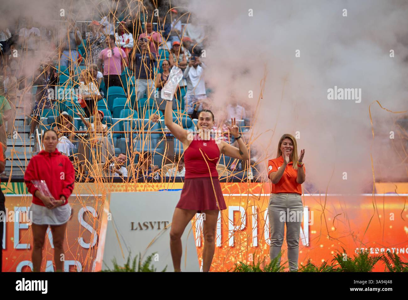 Miami Gardens, Florida, Stati Uniti. 29 marzo 2025. Arina Sabalenka vs Jessica Pegula (USA) durante la Women's Singles - Final al Miami Open 2025. VINCITORE: Arina Sabalenka. Crediti: Yaroslav Sabitov/YES Market Media/Alamy Live News. Foto Stock