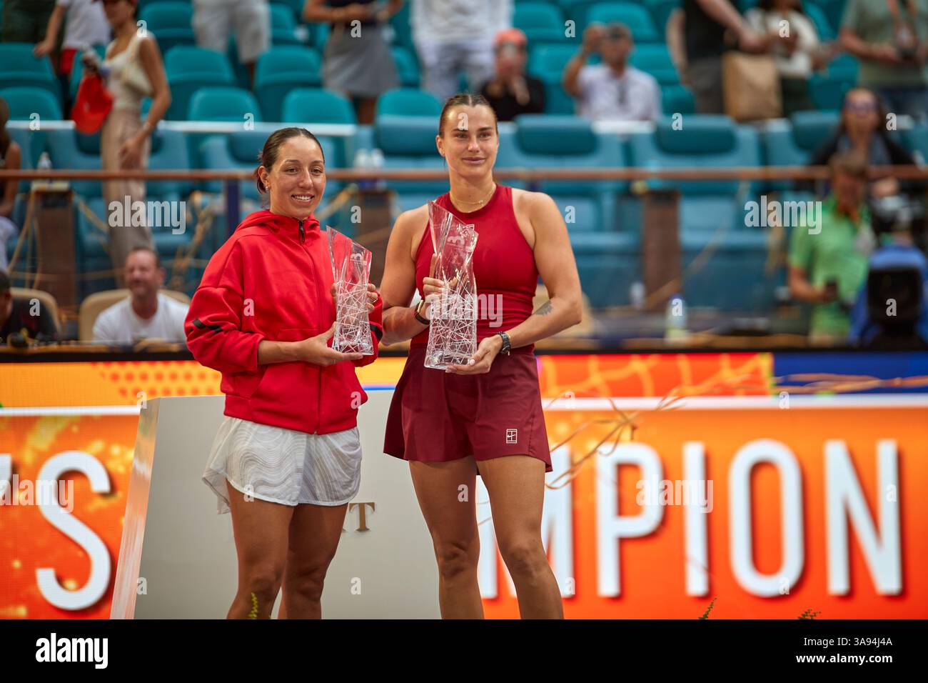 Miami Gardens, Florida, Stati Uniti. 29 marzo 2025. Arina Sabalenka vs Jessica Pegula (USA) durante la Women's Singles - Final al Miami Open 2025. VINCITORE: Arina Sabalenka. Crediti: Yaroslav Sabitov/YES Market Media/Alamy Live News. Foto Stock