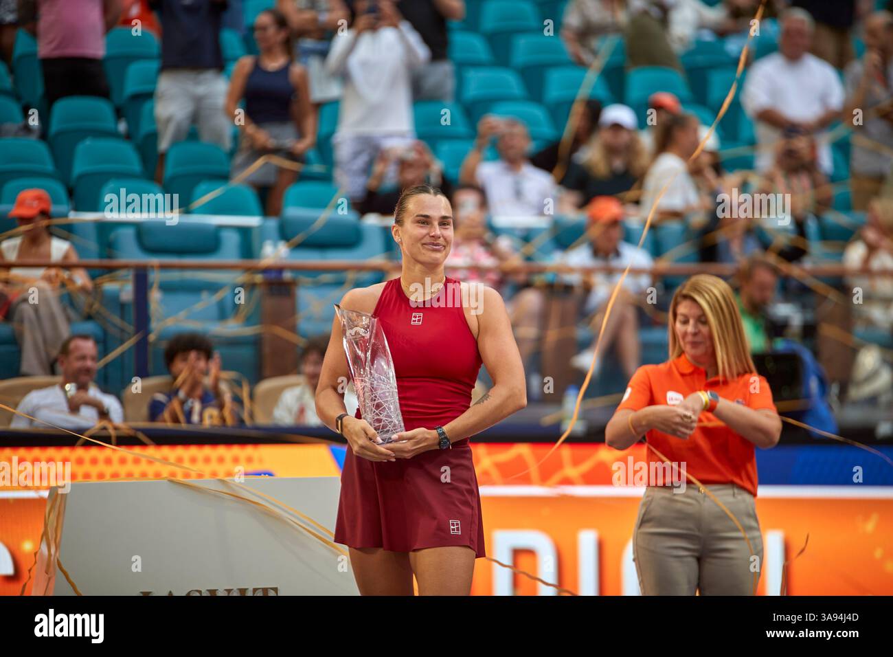 Miami Gardens, Florida, Stati Uniti. 29 marzo 2025. Arina Sabalenka vs Jessica Pegula (USA) durante la Women's Singles - Final al Miami Open 2025. VINCITORE: Arina Sabalenka. Crediti: Yaroslav Sabitov/YES Market Media/Alamy Live News. Foto Stock