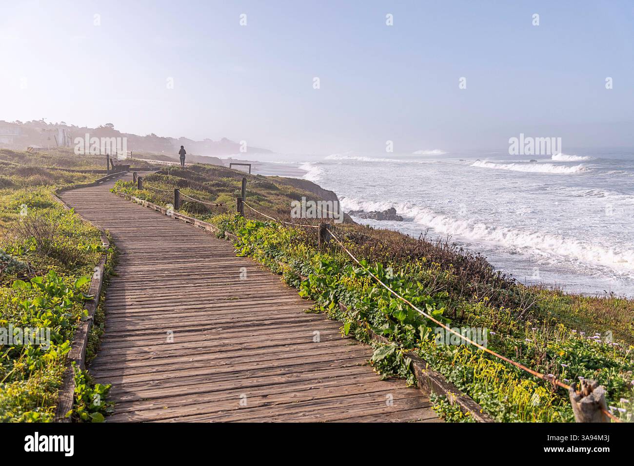 Cambria, CA, USA: 27 marzo 2025: I visitatori camminano lungo la bellissima Moonstone Beach Boardwalk a Cambria, CA. Foto Stock