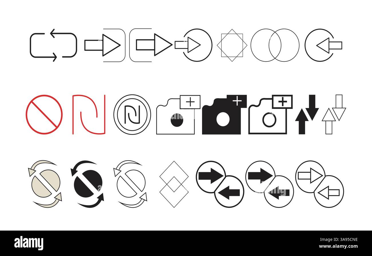 Unisci, scambia, fotocamera e set di icone. Design in stile isolato su sfondo bianco Illustrazione Vettoriale