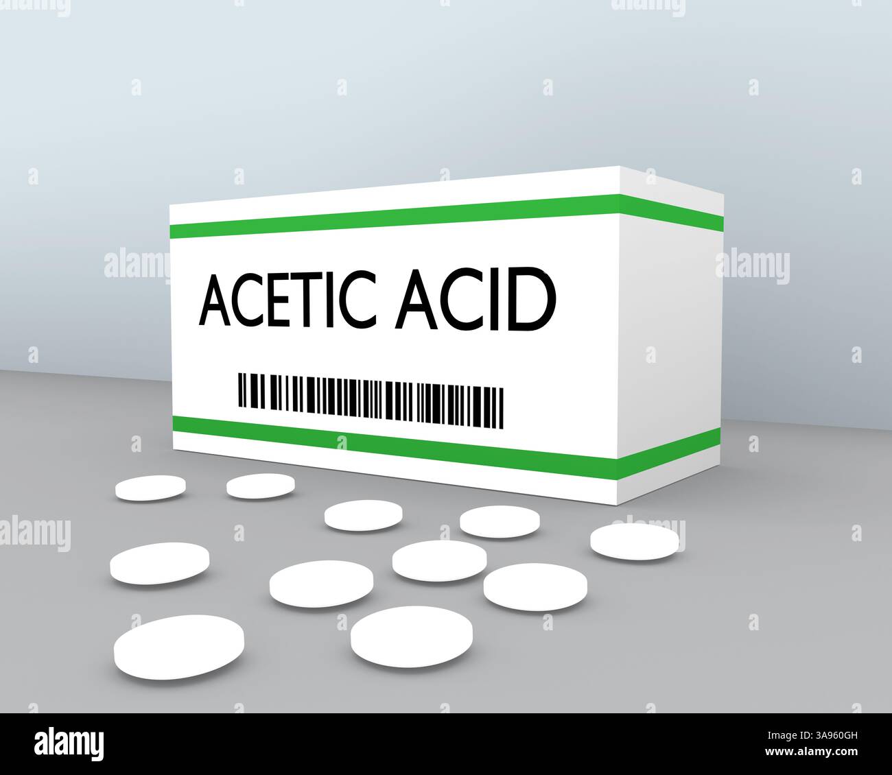 Illustrazione 3D della stampa di acido acetico su una scatola di pillole, insieme ad alcune pile sparse su una superficie grigia con sfondo bluastro. Foto Stock