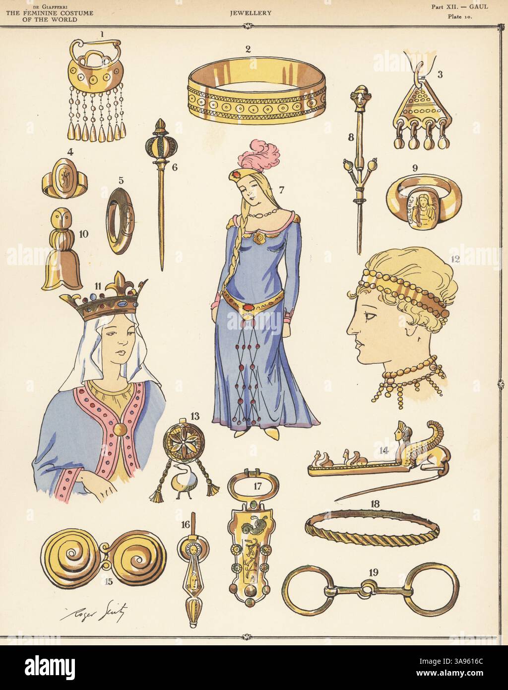 Gioielli gallici da donna. Orecchino in oro 1, bracciale in oro 2, orecchino triangolare 3, anello da donna cavaliere 4,5, forcellini 6,8, Noble Gaul 7, sigillo reale di Childeric 9, spilla d'api 10,11, diadema con perline d'oro 12, pendenti per orecchie 13,16, spilla della sfinge 14, fibbia per cintura 15,19, fibbia dorata 17, bracciale in oro intrecciato 18. Litografia (stencil) del pocoro colorato a mano di Roger Scuty dalla History of Feminine Costume of the World di Paul Louis de Giafferri, Foreign Publications, New York, 1927. Foto Stock