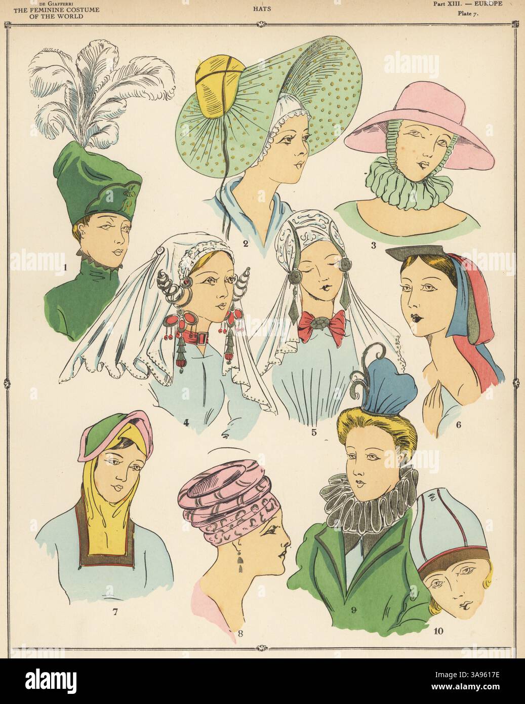 Cappelli da donna europei. Danish toque 1, Netherlander 2,5, Ibiza islander 3, Dutch Sunday Best 4, English (circa 1450) 6, Spanish contadino in hennin (circa 1777) 7, Vingaker (Svezia) Turban 8, donna d'Italia 9 e Scandinavia 10. Litografia di pocoro (stencil) colorata a mano dalla storia del costume femminile del mondo di Paul Louis de Giafferri, Foreign Publications, New York, 1927. Foto Stock