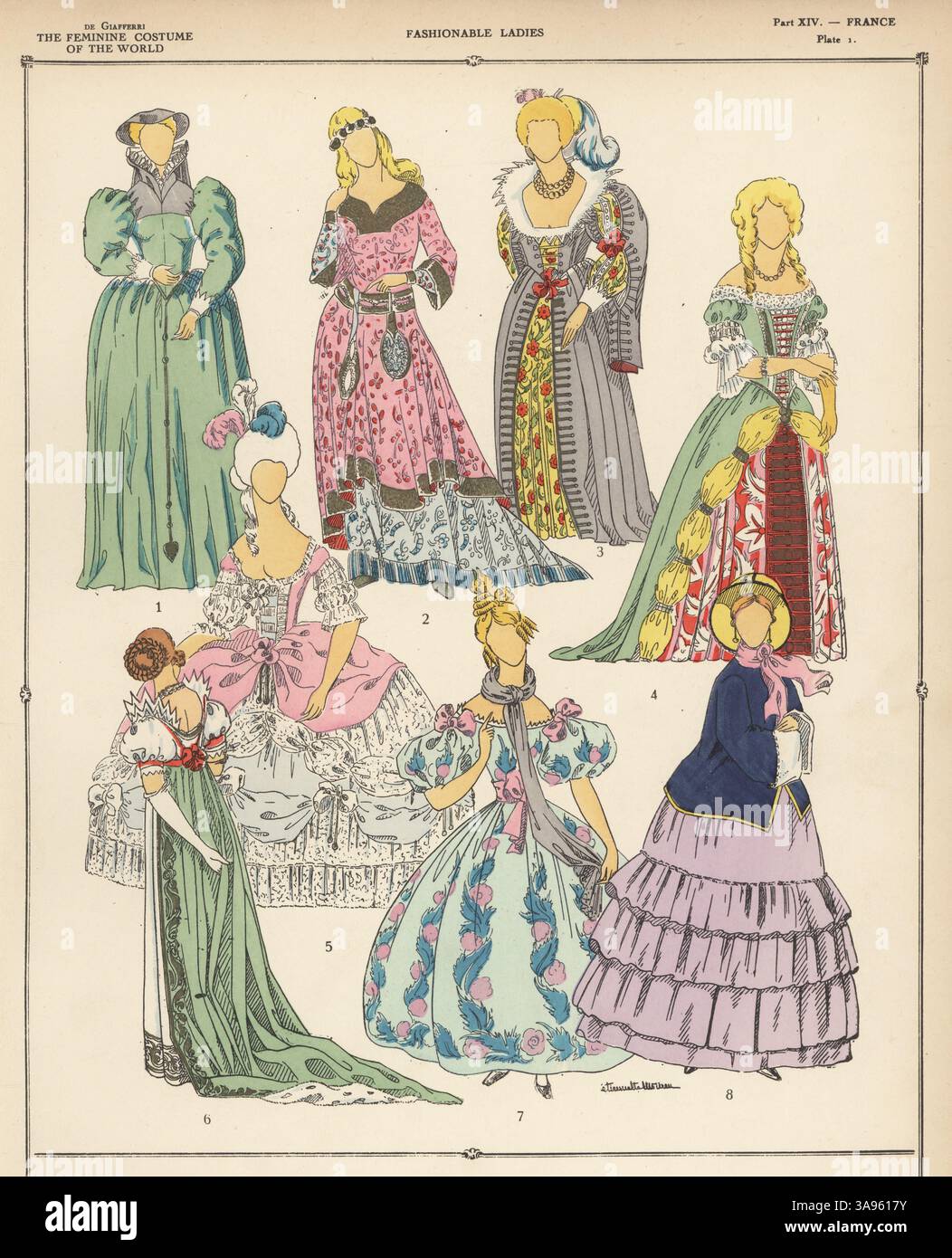 Abiti da donna francesi. Nobildonna 1548 1, principessa 1200 2, nobile 1625 3, Maria Teresa d'Austria 4, regina Maria Antonietta 5, cortigiano napoleonico 6, borghese 1833 7 e donna del secondo Impero 8. Litografia (stencil) del pocoro colorato a mano di Etiennette Moureu dalla History of Feminine Costume of the World di Paul Louis de Giafferri, Foreign Publications, New York, 1927. Foto Stock