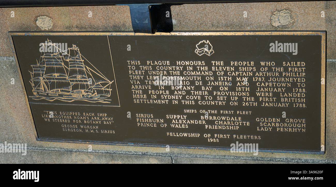 Targa per commemorare il primo insediamento britannico in Australia Foto Stock