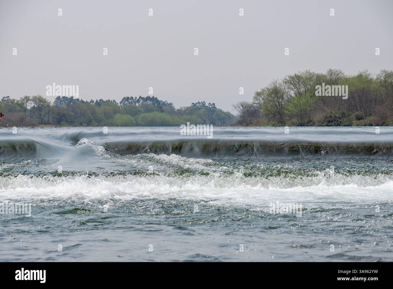 Il potere della natura: Le rapide schiumose che si schiantano contro le antiche formazioni rocciose: L'energia senza domata del Wild River Foto Stock