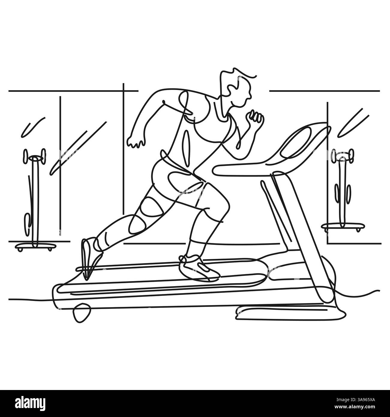 Uomo che corre su un tapis roulant. Banner sportivo a concetto continuo su una linea. Illustrazione vettoriale della linea art. Contorno silhouette con spazio di copia. Linea continua. Illustrazione Vettoriale