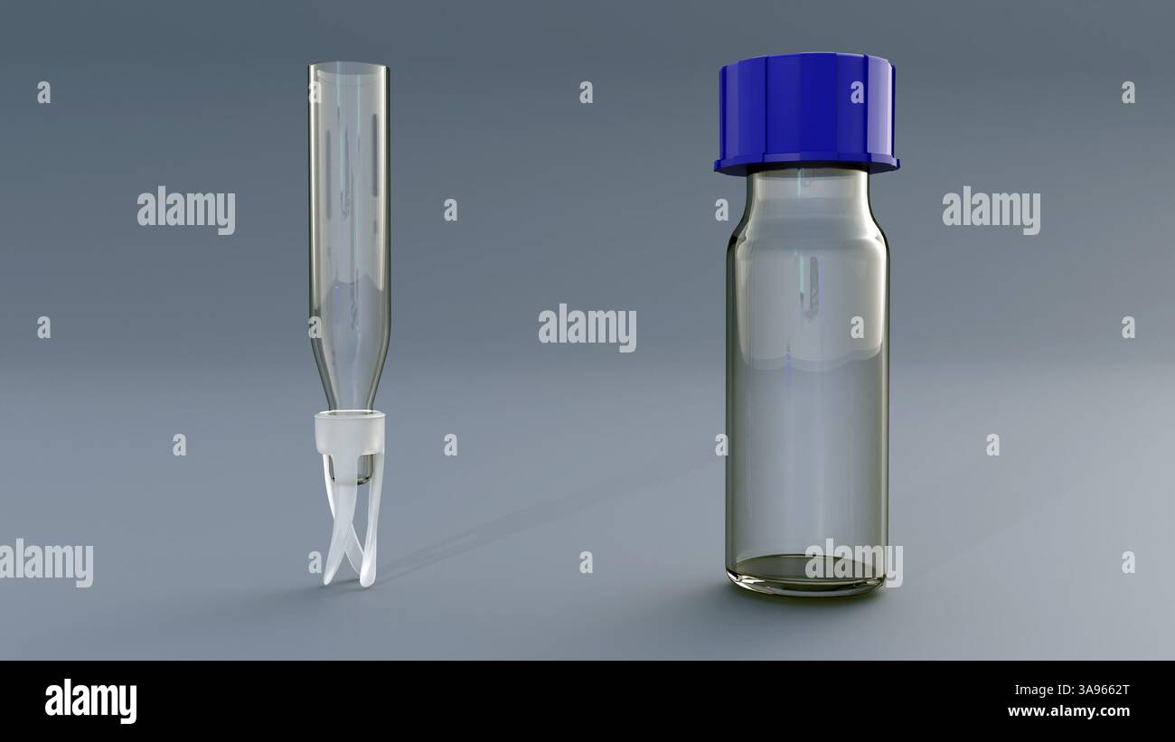 Rendering 3d di una fiala per cromatografia, nota anche come fiala per autocampionatore o fiala GC con supporto o supporto per inserti per fiale. Foto Stock