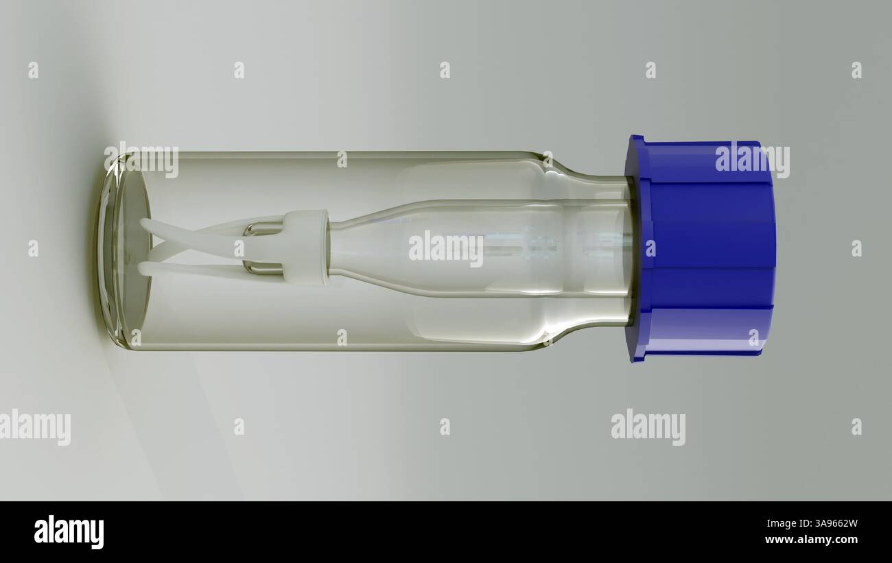 Rendering 3d di una fiala per cromatografia, nota anche come fiala per autocampionatore o fiala GC con supporto o supporto per inserti per fiale. Foto Stock