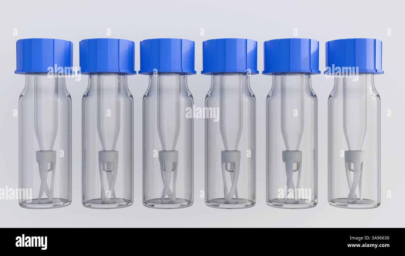 Rendering 3d di una fiala per cromatografia, nota anche come fiala per autocampionatore o fiala GC con supporto o supporto per inserti per fiale. Foto Stock