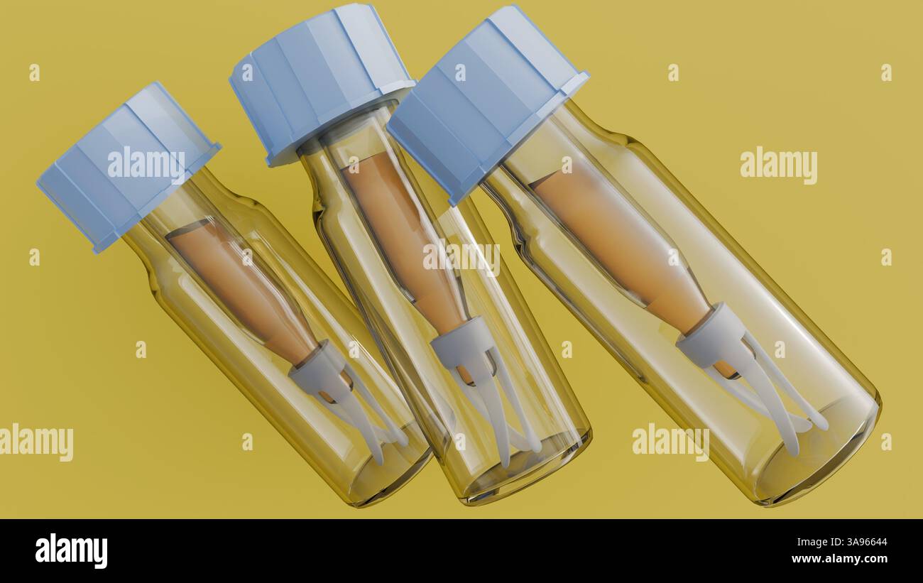 Rendering 3d di una fiala per cromatografia, nota anche come fiala per autocampionatore o fiala GC con supporto o supporto per inserti per fiale. Foto Stock