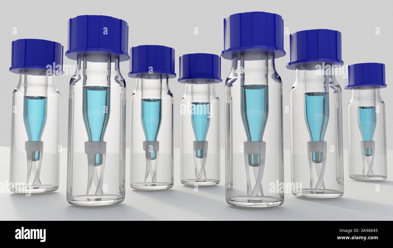 Rendering 3d di una fiala per cromatografia, nota anche come fiala per autocampionatore o fiala GC con supporto o supporto per inserti per fiale. Foto Stock