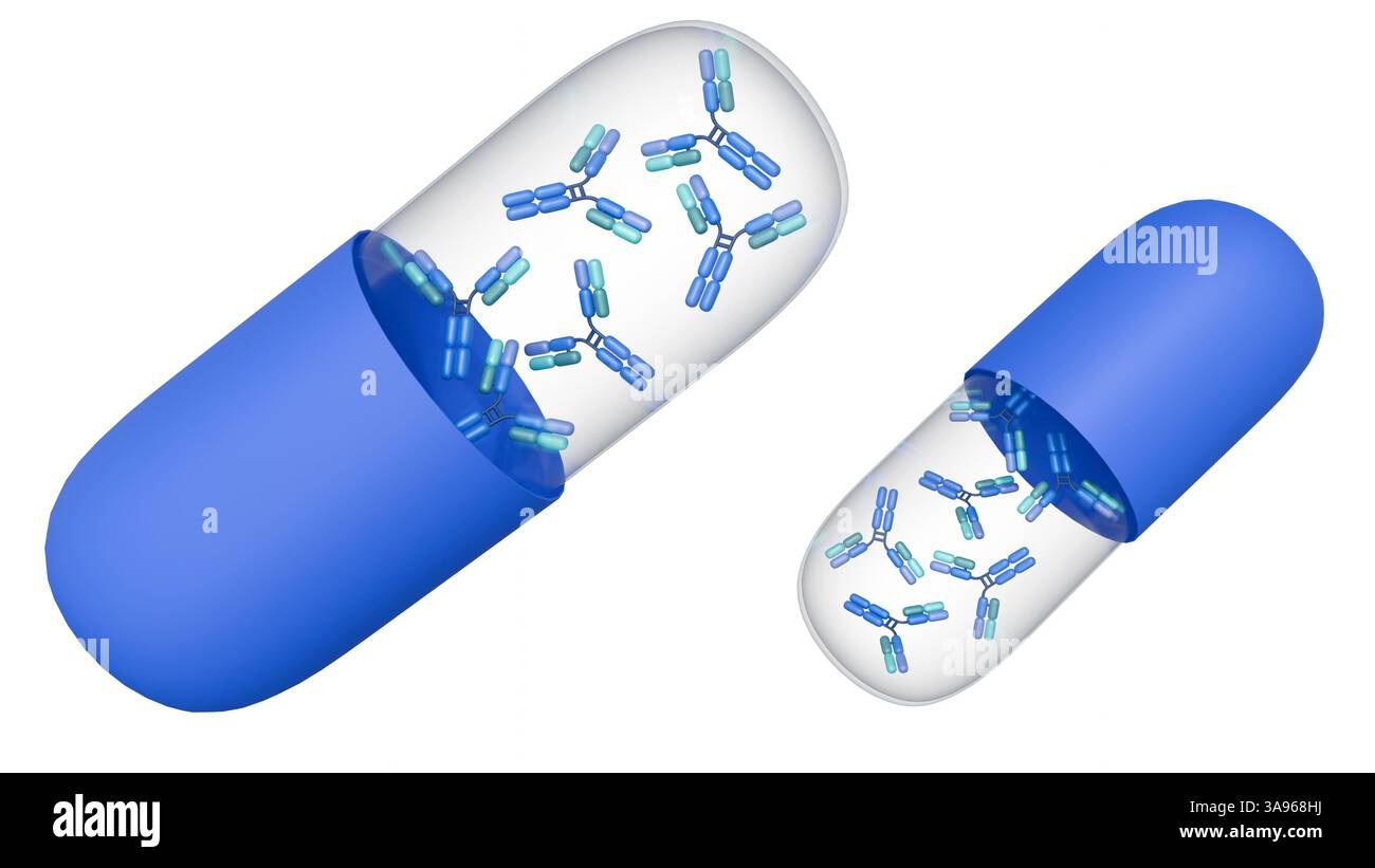 Rendering 3d della capsula del farmaco e delle molecole di anticorpi sparse, rappresentazione della somministrazione del farmaco e targeting degli anticorpi. Foto Stock