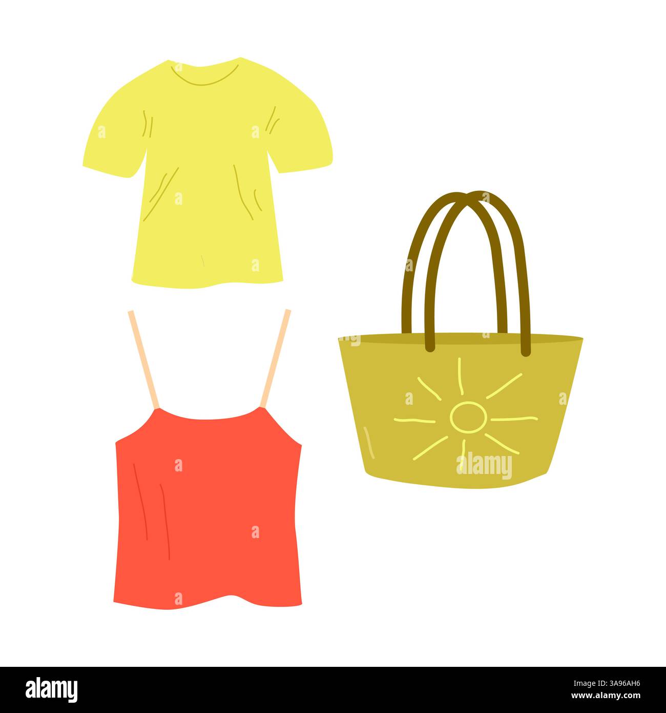 Set di abbigliamento estivo Vector outfit di tendenza per l'estate. T-shirt Top Beach Bag. Design per banner di vendita poster pagina Web pubblicità di materiali stampati. Illustrazione Vettoriale