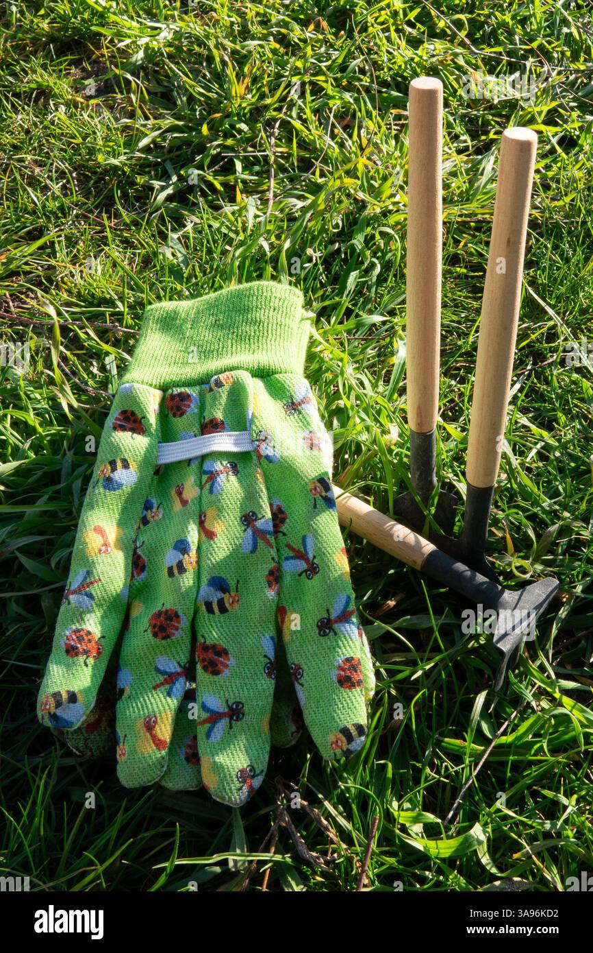 Guanti e attrezzi da giardinaggio colorati si appoggiano su una vivace area erbosa, evidenziando una giornata di sole perfetta per il lavoro all'aperto. Foto Stock