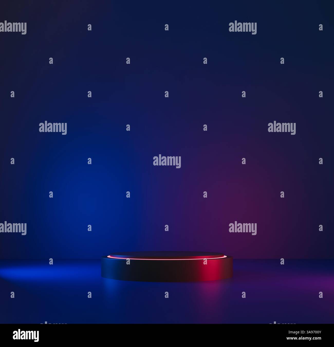 Podio nero minimalista con luci al neon rosse e blu brillanti, ideale per vetrine di prodotti, giochi, tecnologia e branding futuristico. Foto Stock