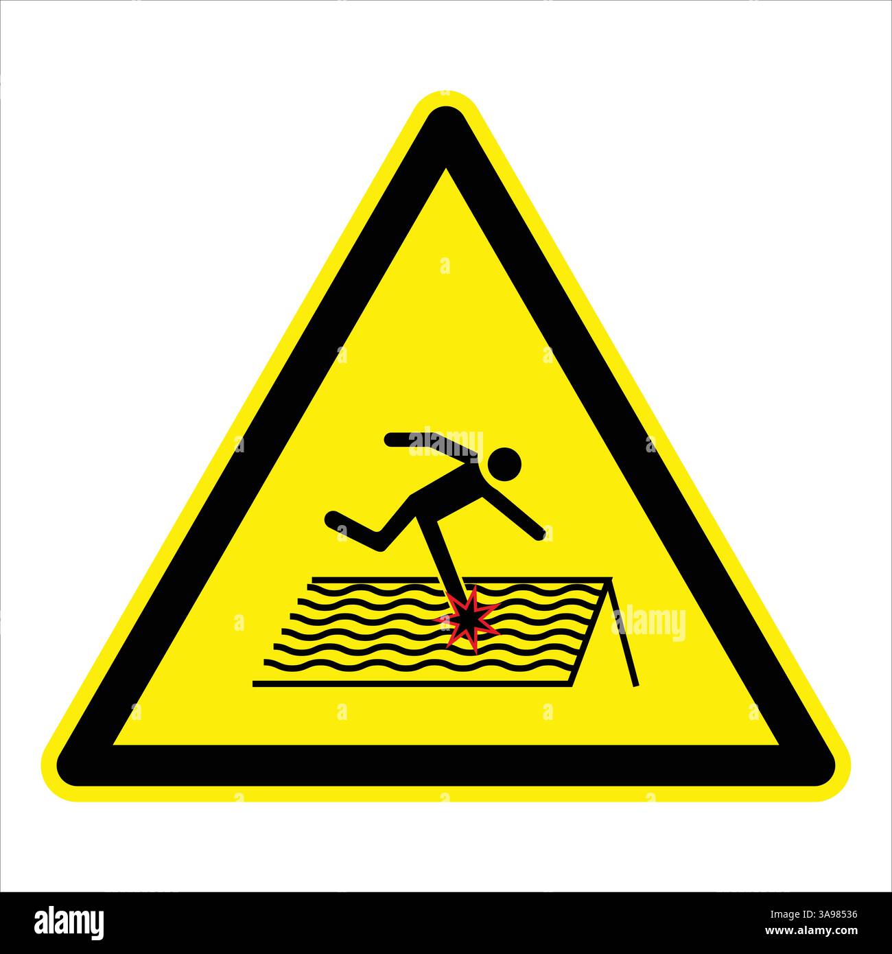 Segnale di avvertimento triangolare giallo che indica il rischio di caduta attraverso il fragile materiale del tetto Illustrazione Vettoriale