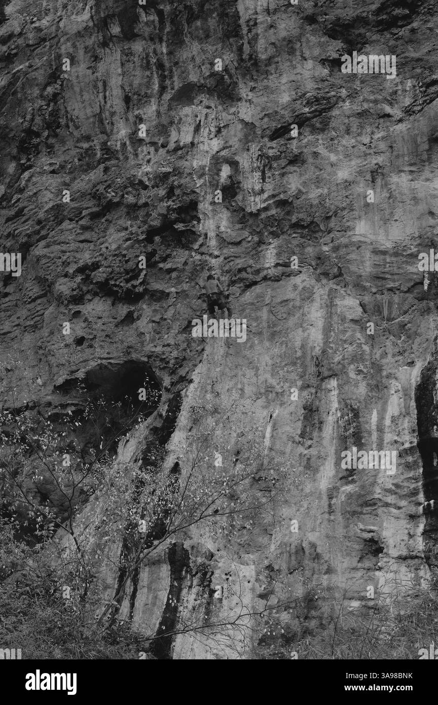 Arrampicatore su roccia a metà salita su una spettacolare scogliera, che si fonde nel calcare testurizzato Foto Stock