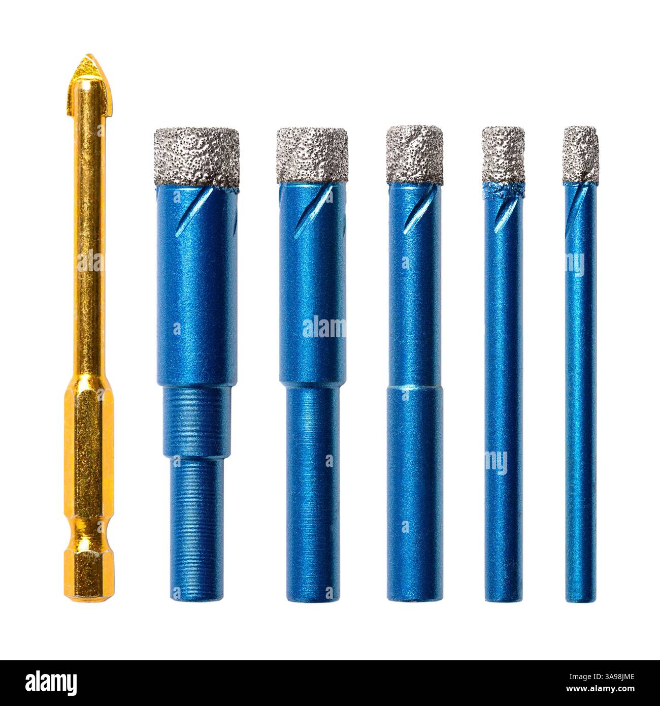 Set di punte diamantate con punta ausiliaria. Cinque punte diamantate di dimensioni diverse, utilizzate per la foratura di vetro, porcellana, ecc. Foto Stock Set di punte diamantate con punta ausiliaria. Cinque punte diamantate di dimensioni diverse, utilizzate per la foratura di vetro, porcellana, ecc. Foto Stock