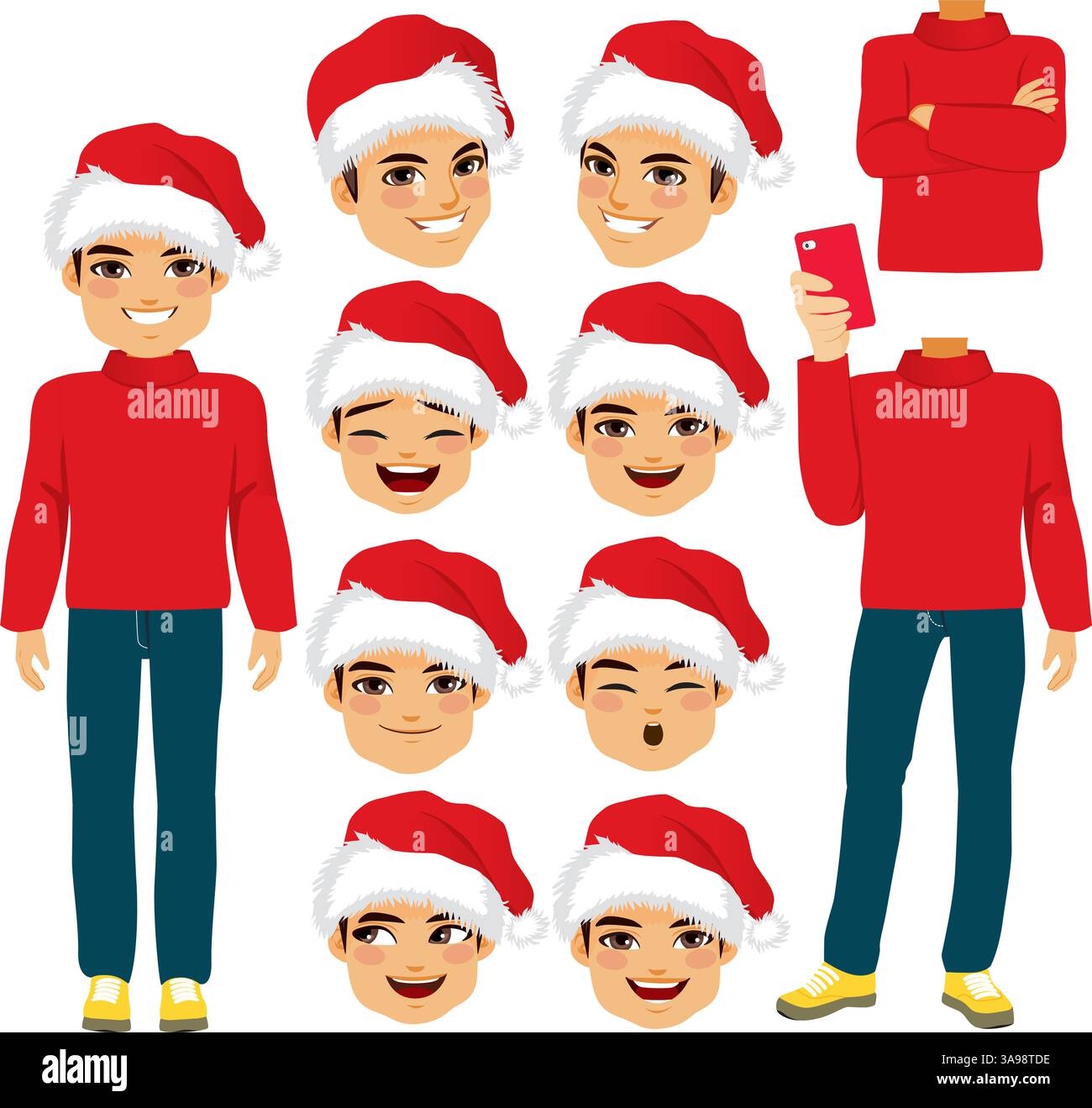 Giovane uomo con bambola di carta costume Babbo cappello con una serie di espressioni facciali, pose per il corpo e accessori diversi Illustrazione Vettoriale