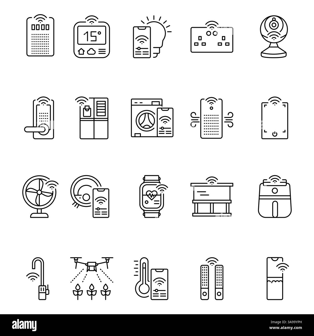 Gadget intelligenti per l'icona della linea nera domestica per progetti digitali e di stampa. Icone di pulizia minime per applicazioni e siti Web. Icone semplici e moderne per UI UX e B. Illustrazione Vettoriale