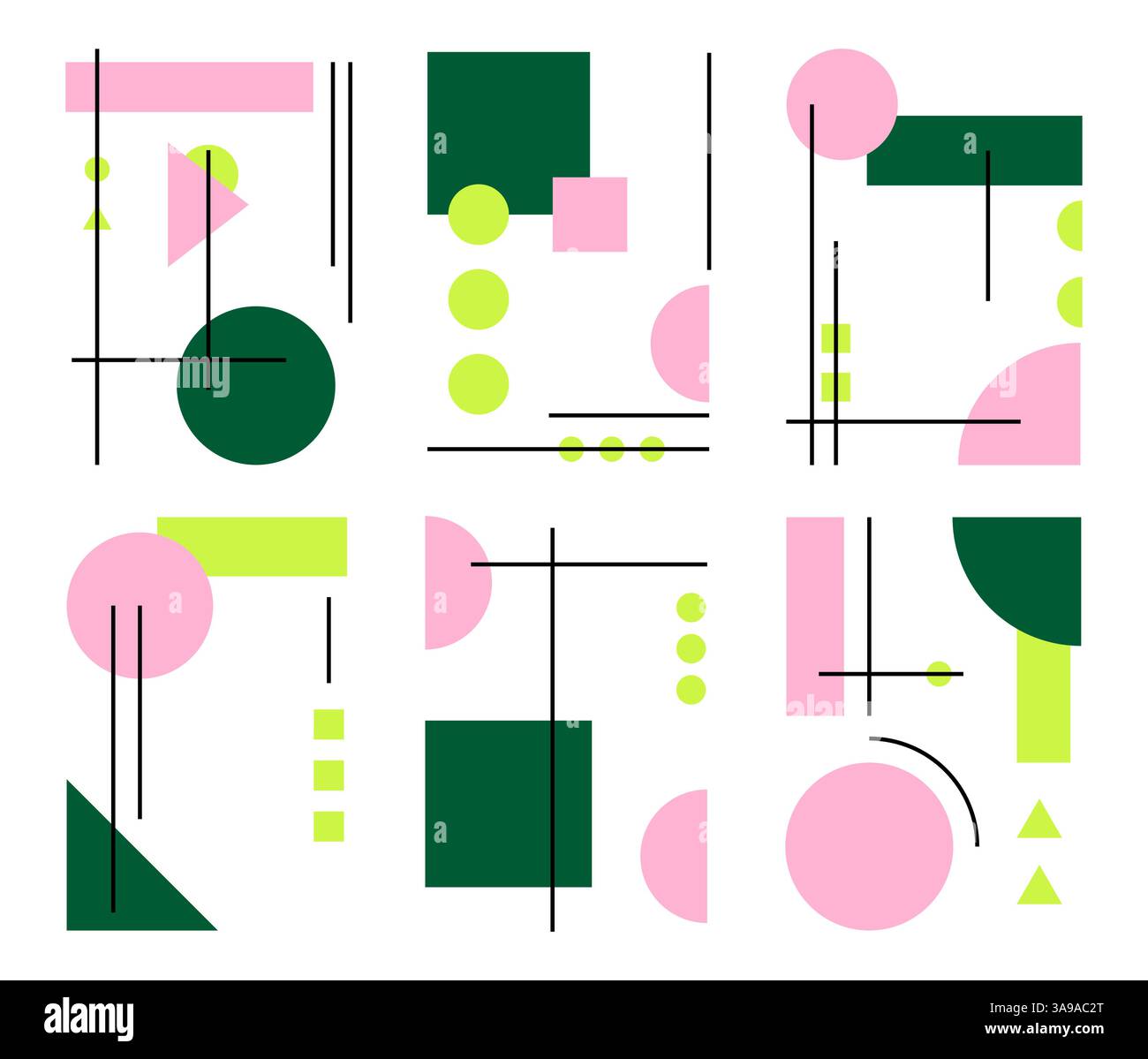 Set di poster colorati con forma geometrica e set di linee. motivo astratto, design line art, stile alla moda. Illustrazione Bauhaus con cerchio, quadrato Illustrazione Vettoriale