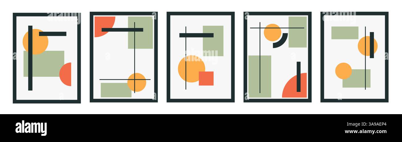 Set di poster colorati con forma geometrica e set di linee. motivo astratto, design line art, stile alla moda. Illustrazione Bauhaus con cerchio, quadrato Illustrazione Vettoriale