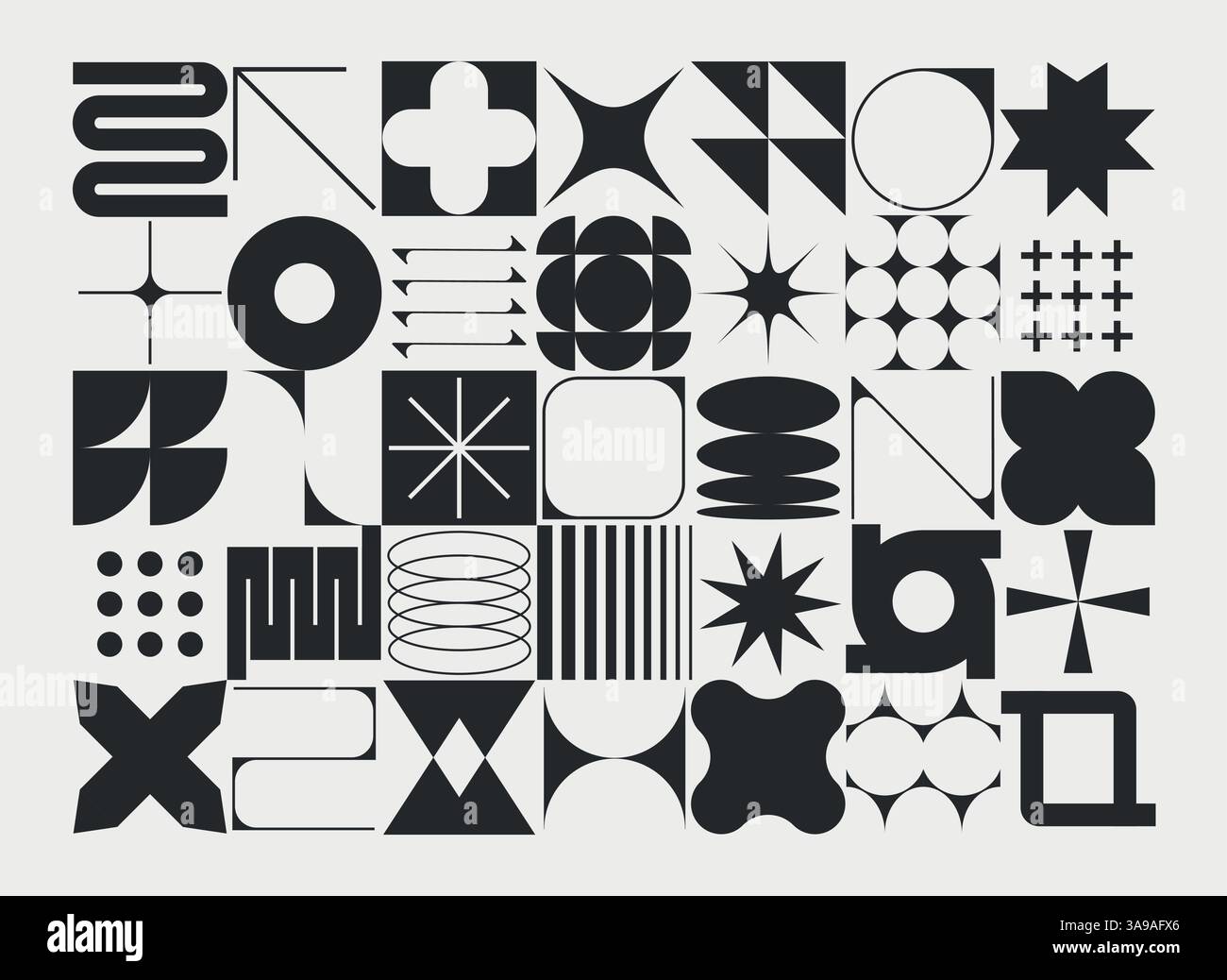 Set di forme geometriche neomoderne. Brutalismo, futuristico, memphis. Collezione di brutalismo nero, forme geometriche astratte. Moderno Illustrazione Vettoriale