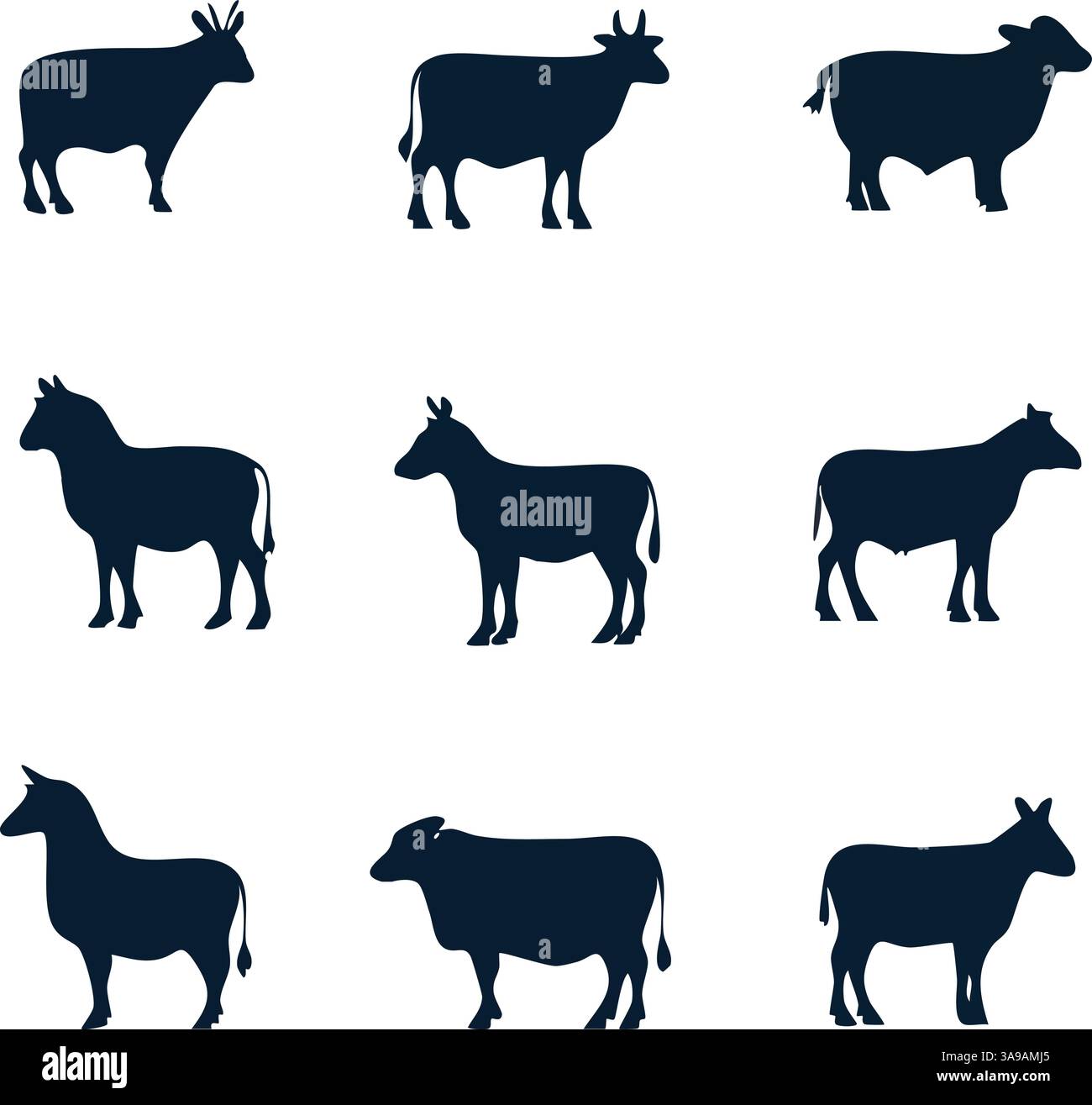 Una griglia di nove sagome di mucche, tori e cavalli in varie pose, mostrando angoli e dimensioni differenti. Le immagini sono semplici e monocromatiche, Illustrazione Vettoriale