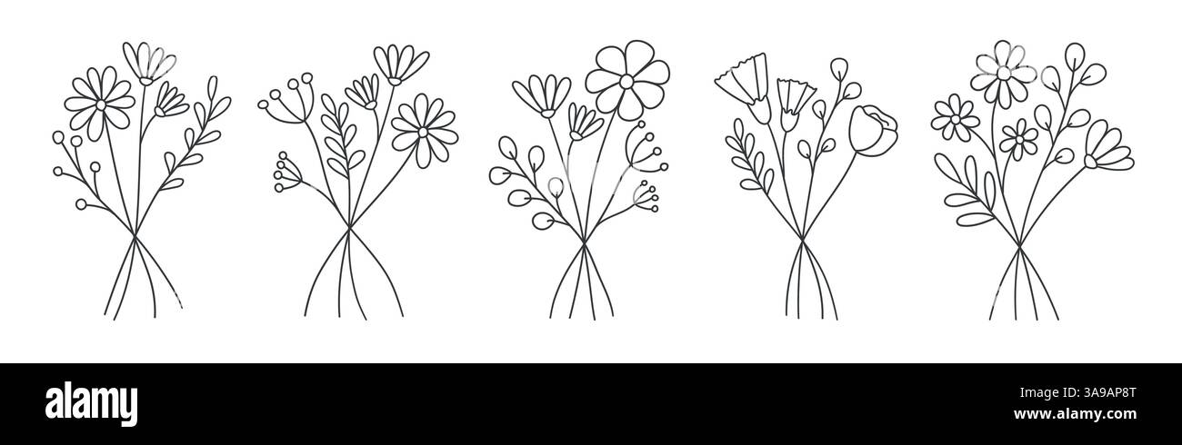 set di disegnare a mano il bouquet di fiori selvatici, elementi botanici, set vettoriale di fiori di linea, fiori selvatici minimalisti alla moda Illustrazione Vettoriale
