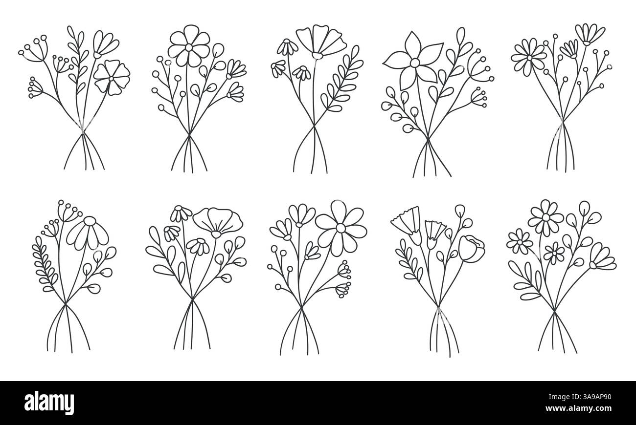 set di disegnare a mano il bouquet di fiori selvatici, elementi botanici, set vettoriale di fiori di linea, fiori selvatici minimalisti alla moda Illustrazione Vettoriale
