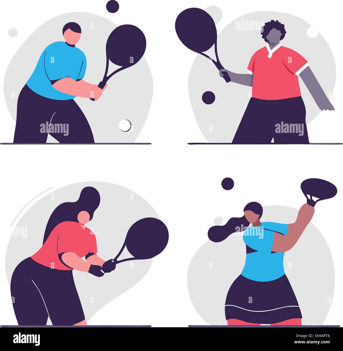 Un'illustrazione colorata con quattro diversi tennisti in azione. Ogni giocatore è raffigurato con una racchetta che mostra pose e stili diversi. Illustrazione Vettoriale