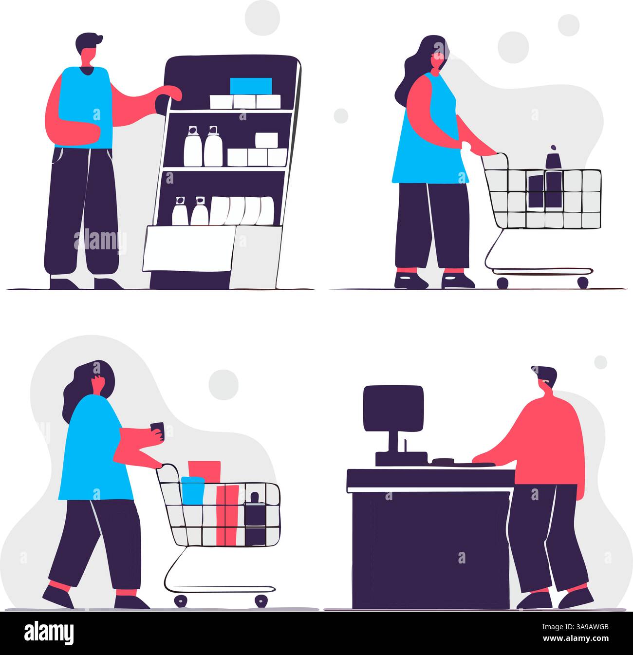 Un'illustrazione digitale che raffigura un negozio di alimentari. È dotato di quattro pannelli: Una persona che seleziona gli articoli da uno scaffale, un'altra che spinge lo shopping Illustrazione Vettoriale