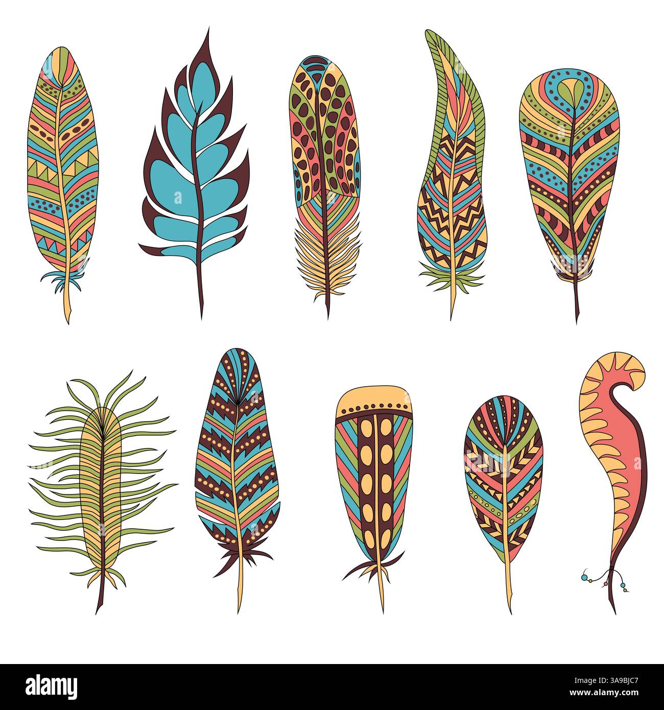 Set di dieci piume colorate. Illustrazione vettoriale Illustrazione Vettoriale