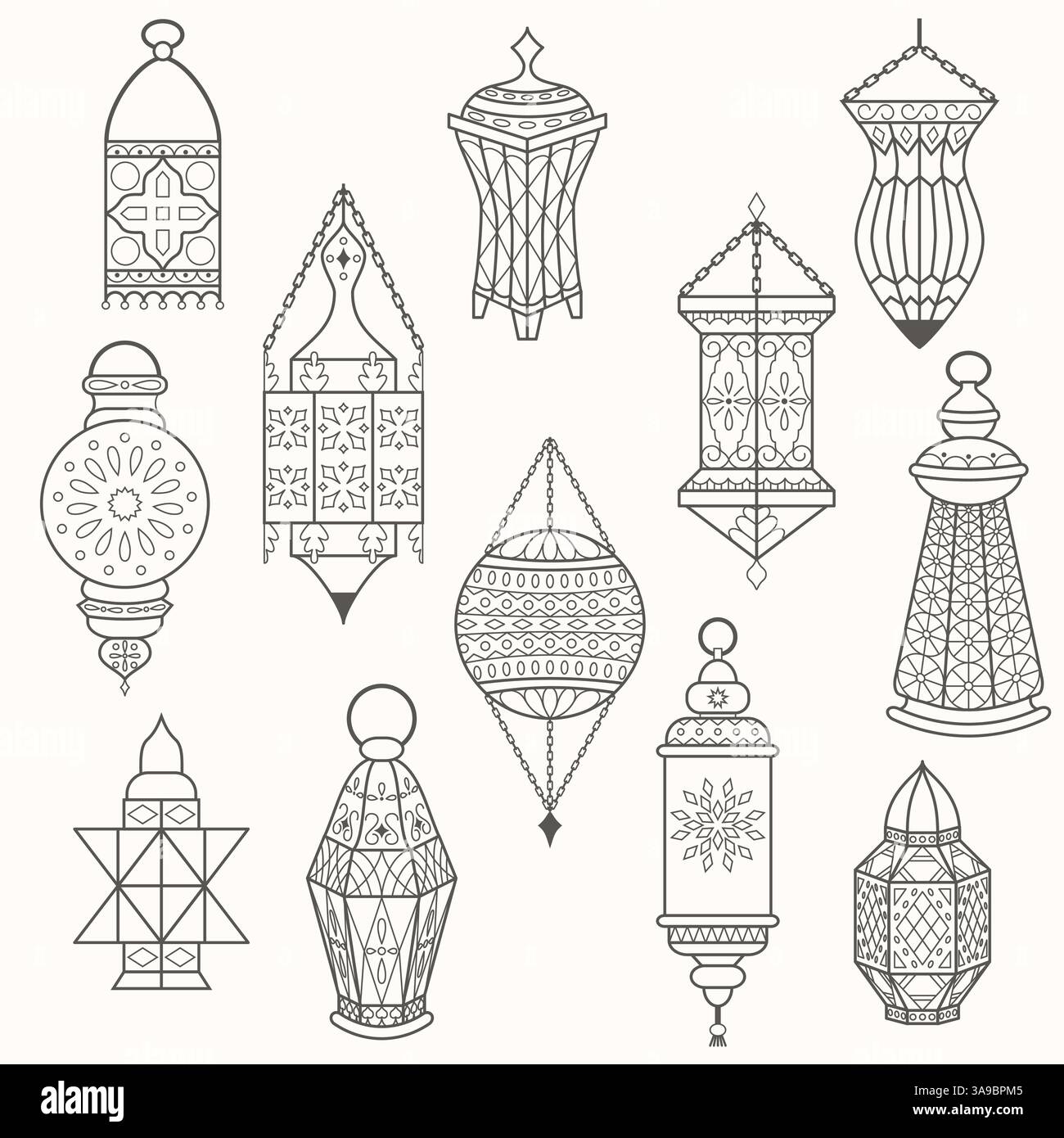 Set di vecchie lampade. Silhouette scure vettoriali delle Lanterne. Lanterne arabe del Ramadan Kareem Illustrazione Vettoriale