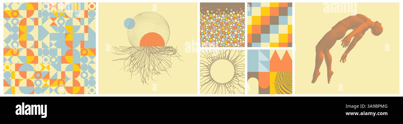 Uomo che aleggia nell'aria. Atto di levitazione. Foro realizzato con particelle volanti. Mosaico. Sfera. Sfondo con cerchi di colore. Punto esploso. comp. vettore 3d Illustrazione Vettoriale