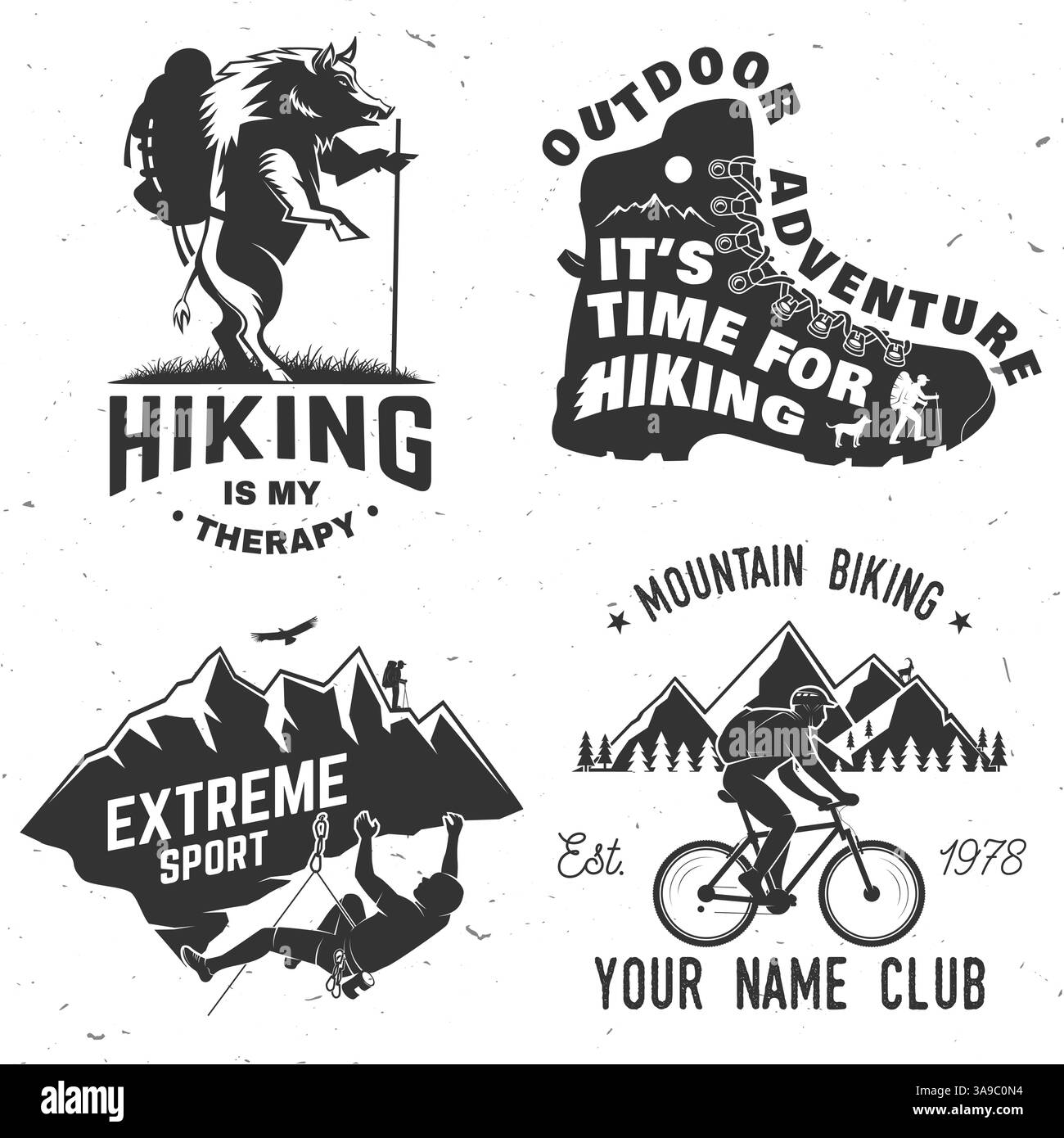 Set di adesivi per avventure all'aperto. Illustrazione vettoriale. Concept per camicia o logo, stampa, timbro, patch o tee. Design tipografico vintage con escursioni Illustrazione Vettoriale