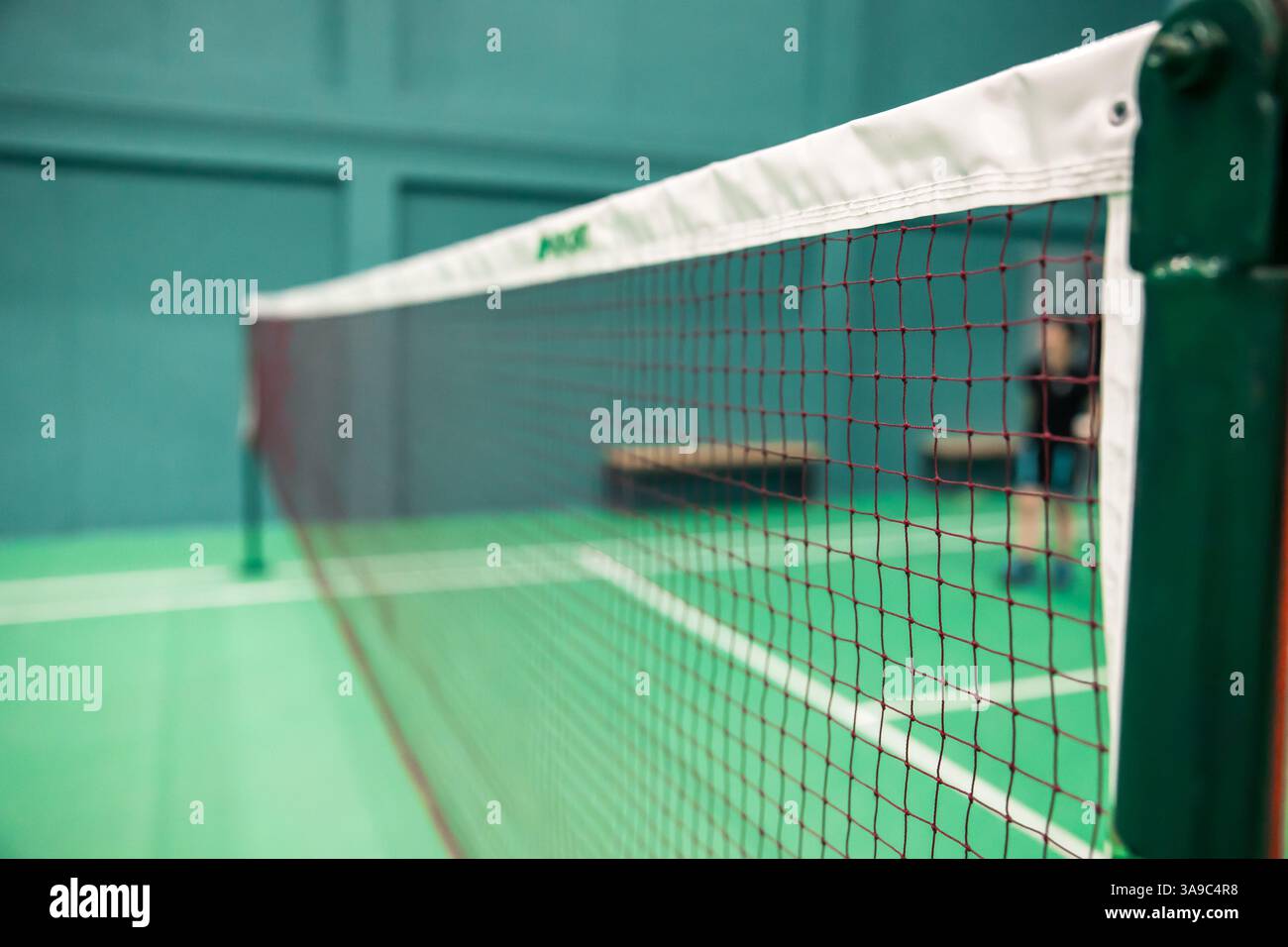 Primo piano del concorso Badminton Net. Campo da badminton nel club sportivo per giocare a racchetta. Foto Stock