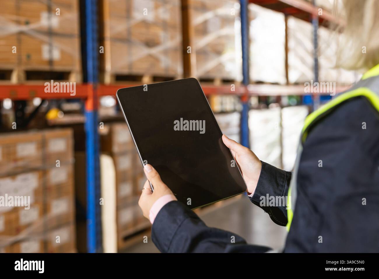 primo piano del lavoratore di magazzino che utilizza un moderno dispositivo software digitale wireless per tablet nella gestione logistica dei carichi Foto Stock